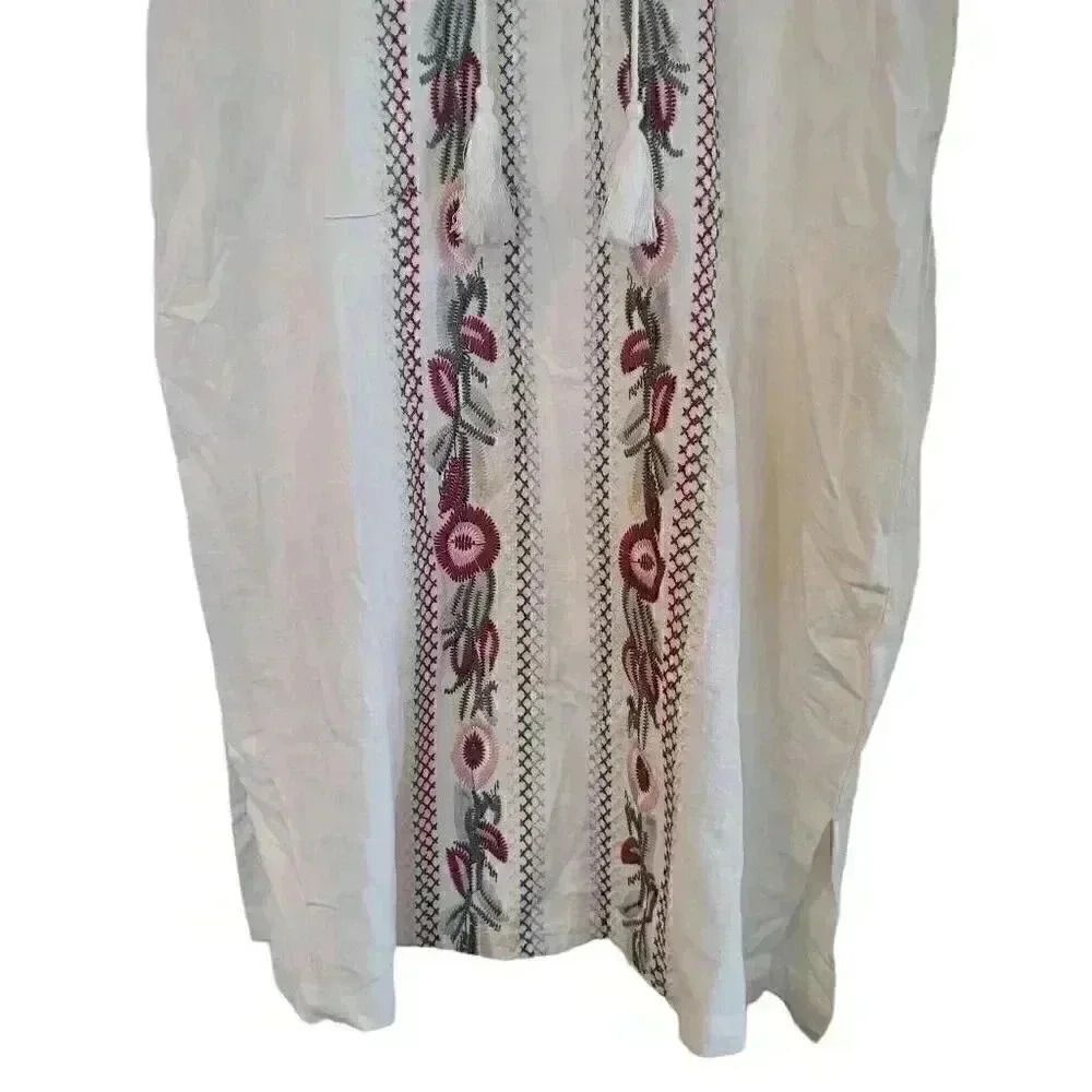 Orange Creek Women's White Rayon/Linen w Colorful Floral Embroidered Tunic Dress - Picture 4 of 13